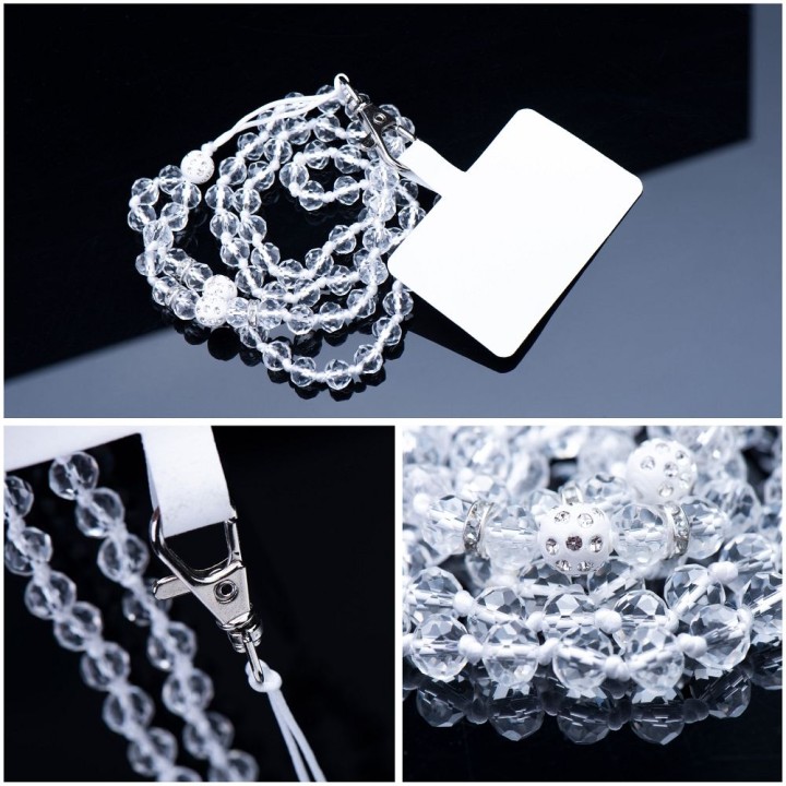Smycz do telefonu, Zawieszka do telefonu - CRYSTAL DIAMON / długość sznura 74cm (37cm w pętli) / na szyję - biały