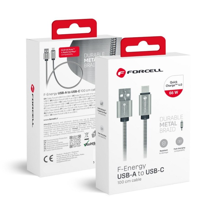 Кабель USB A — USB C Forcell F-Energy QC3.0 66W Metal 1 m C234 сріблястий