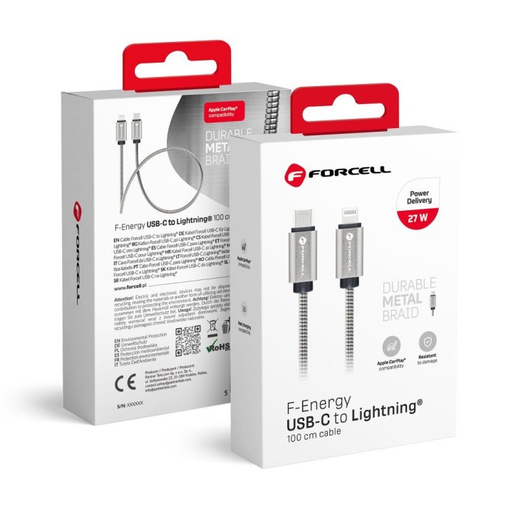 Кабель USB C — Lightning Forcell F-Energy PD 3A 27W Metal 1 m C238 серебристый