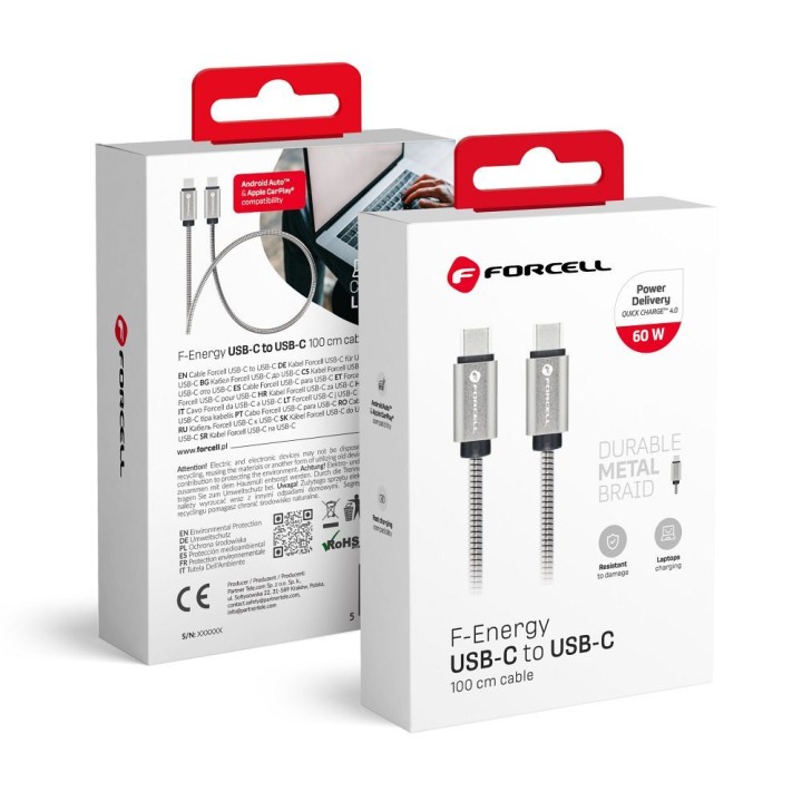 USB-C to USB-C cable Forcell F-Energy QC4.0 PD 3A 60W Metal 1 m C237 silver