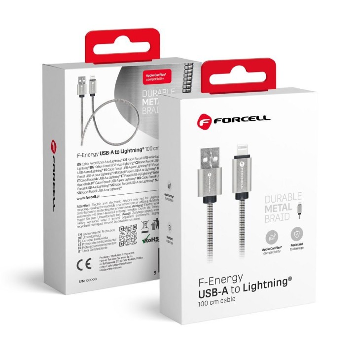 Cable USB A to Lightning Forcell F-Energy 2,4A 12W Metal 1 m C236 silver