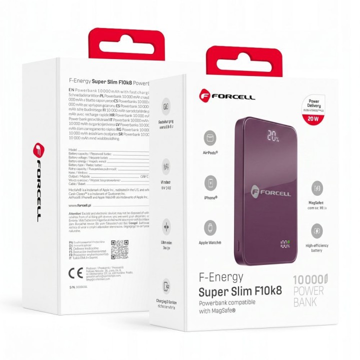 Powerbank zgodny z MagSafe Forcell F-Energy SuperSlim F10K8 QC4.0 PD3.0 15W 10000 mAh burgundowy 0INT