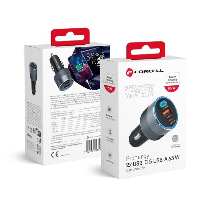Ładowarka samochodowa Forcell F-Energy Alu 2 x USB C + USB A QC4.0 PD SFC2.0 4,5A 65W szara