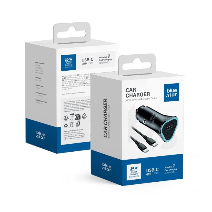 Ładowarka samochodowa Blue Star USB C QC3.0 PD AFC 3A 20W + kabel USB C do USB C czarna