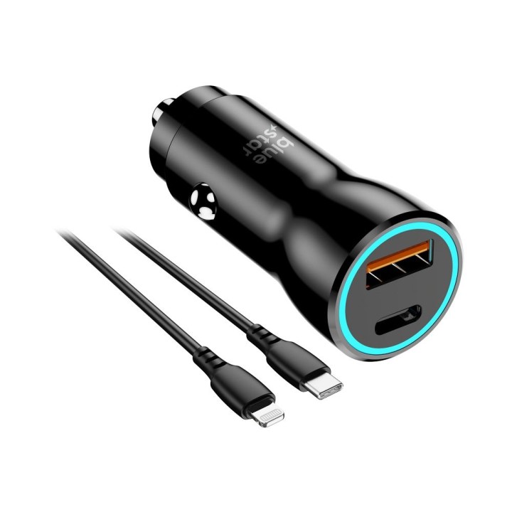 Ładowarka samochodowa Blue Star USB C + USB A QC3.0 PD AFC PPS 3A 25W + kabel USB C do Lightning czarna