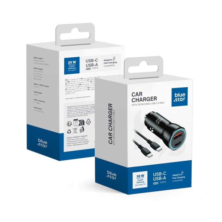 Car charger Blue Star USB C + USB A QC3.0 PD AFC PPS 3A 30W + cable USB C to USB C black