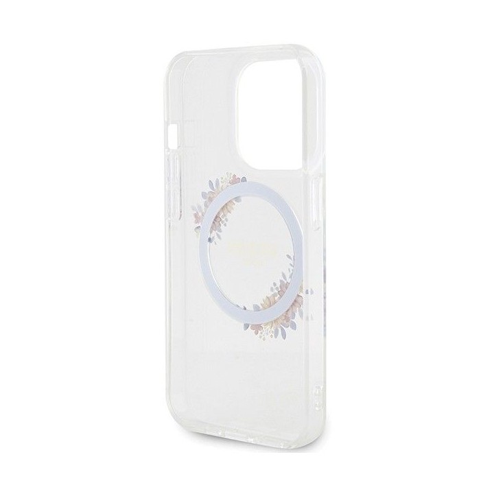 GUESS futerał do IPHONE 15 Pro Max kompatybilny z MagSafe GUHMP15XHFWFCT (Flowers Wreath) transparentny
