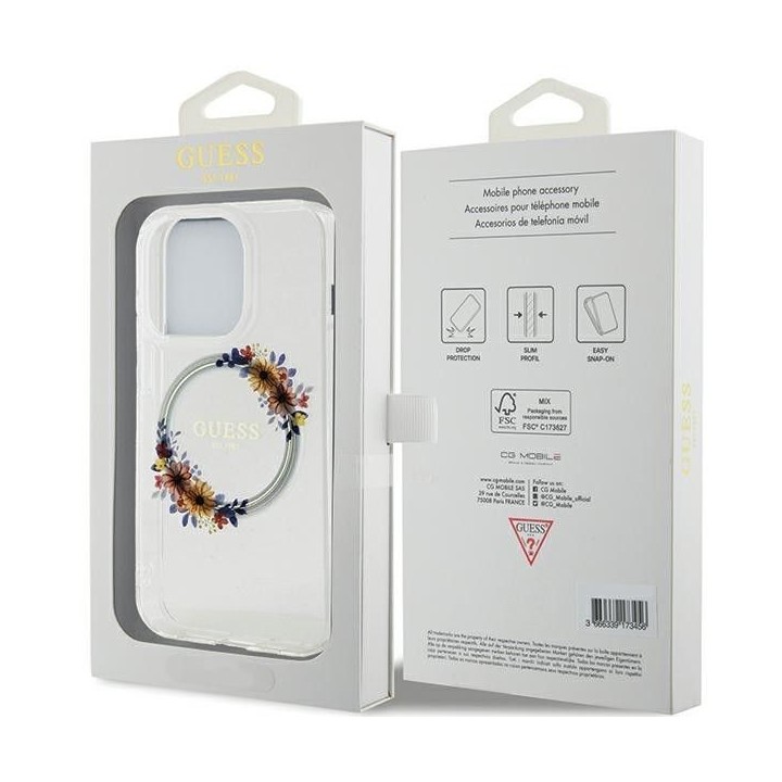 GUESS чохол для IPHONE 15 Pro Max сумісний із MagSafe GUHMP15XHFWFCT (Flowers Wreath) прозорий