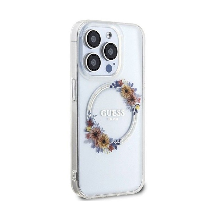 GUESS case for IPHONE 15 Pro Max compatible with MagSafe GUHMP15XHFWFCT (Flowers Wreath) transparent