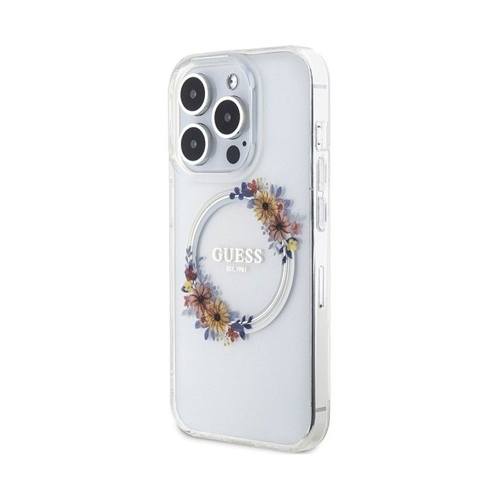 GUESS чехол для IPHONE 15 Pro Max совместимый с MagSafe GUHMP15XHFWFCT (Flowers Wreath) прозрачный