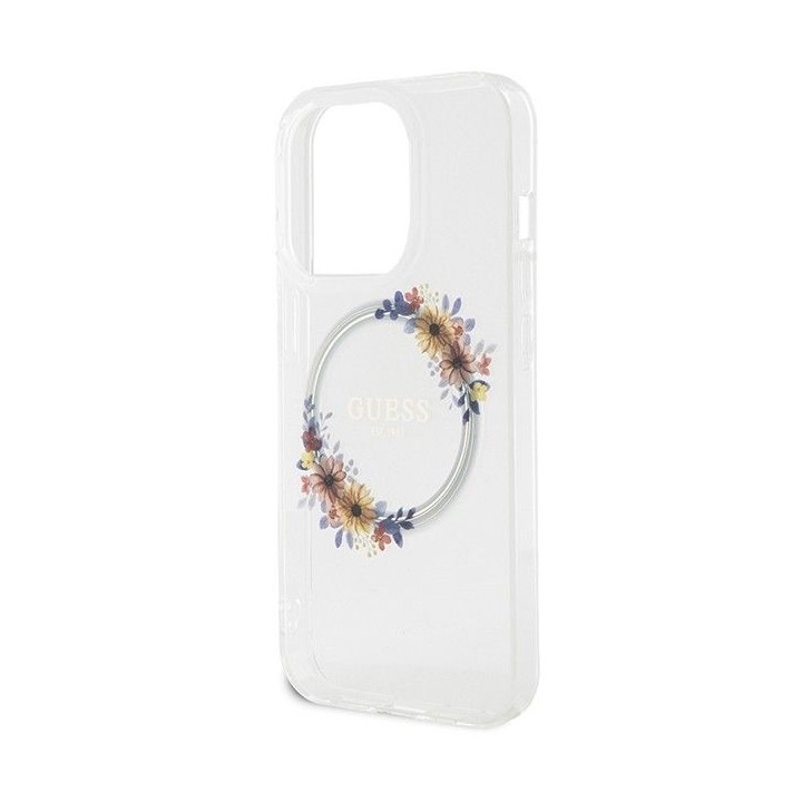 GUESS case for IPHONE 15 Pro Max compatible with MagSafe GUHMP15XHFWFCT (Flowers Wreath) transparent