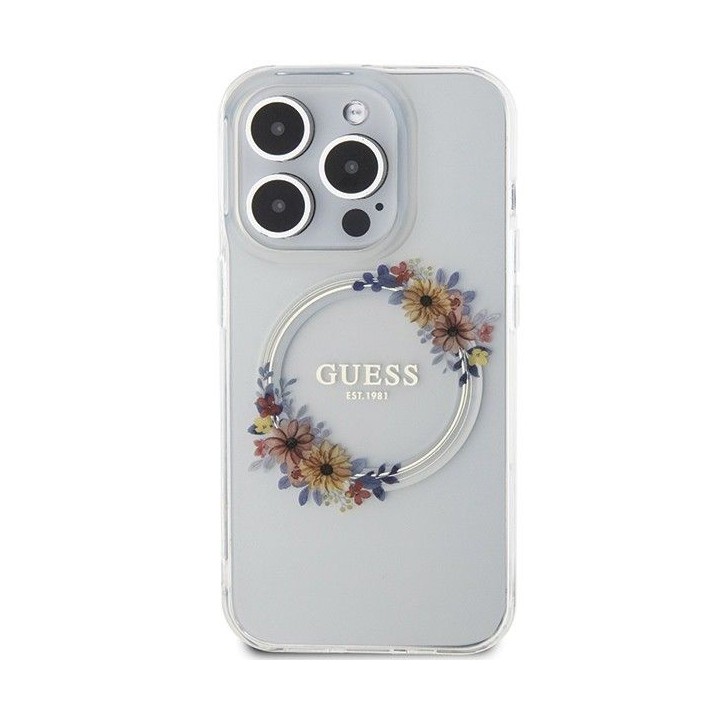 GUESS case for IPHONE 15 Pro Max compatible with MagSafe GUHMP15XHFWFCT (Flowers Wreath) transparent