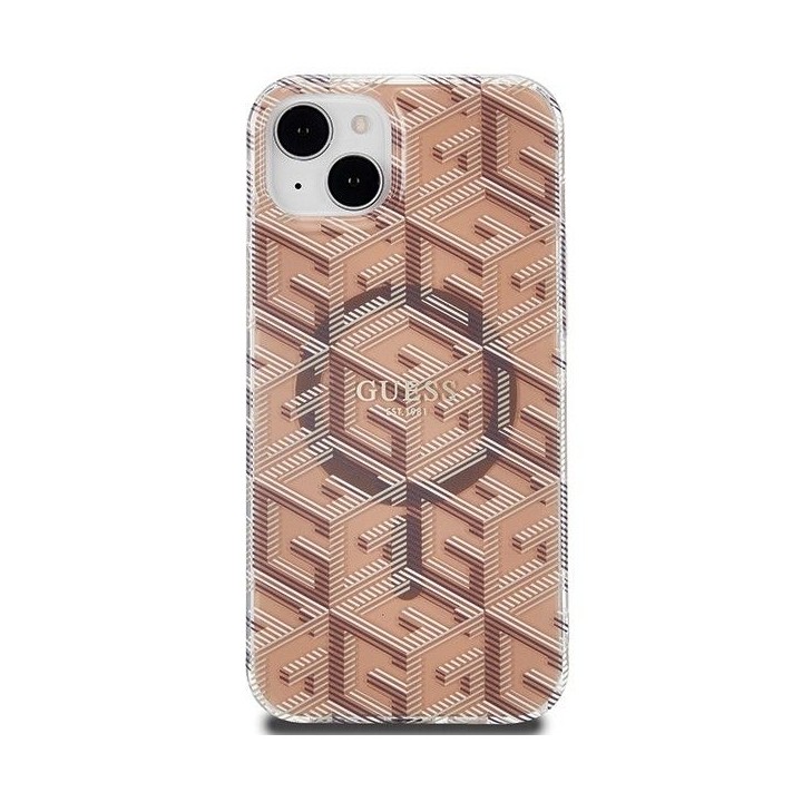GUESS case for IPHONE 15 compatible with MagSafe GUHMP15SHGCUSTGW (IML GCUBE) brown