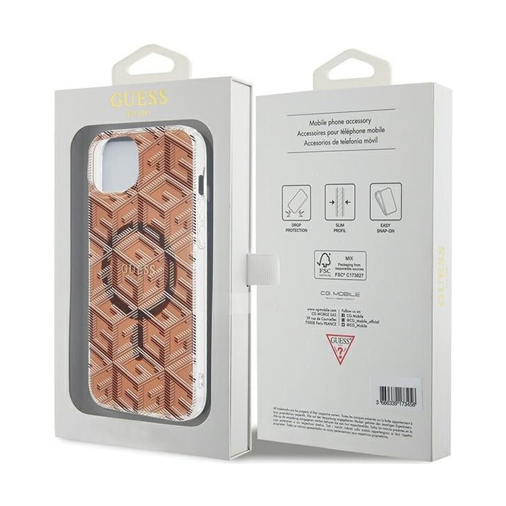 GUESS futerał do IPHONE 15 kompatybilny z MagSafe GUHMP15SHGCUSTGW (IML GCUBE) brązowy