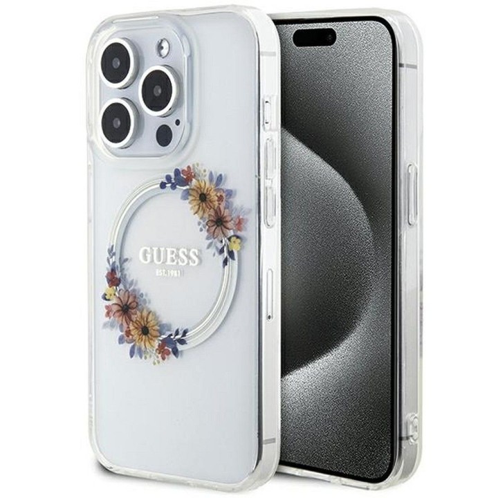 GUESS case for IPHONE 15 Pro compatible with Magsafe GUHMP15LHFWFCT (Flowers Wreath) transparent