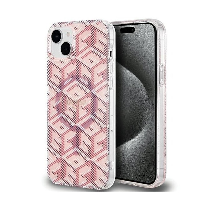 GUESS futerał do IPHONE 15 kompatybilny z MagSafe GUHMP15SHGCUSTGP (IML GCUBE) różowy