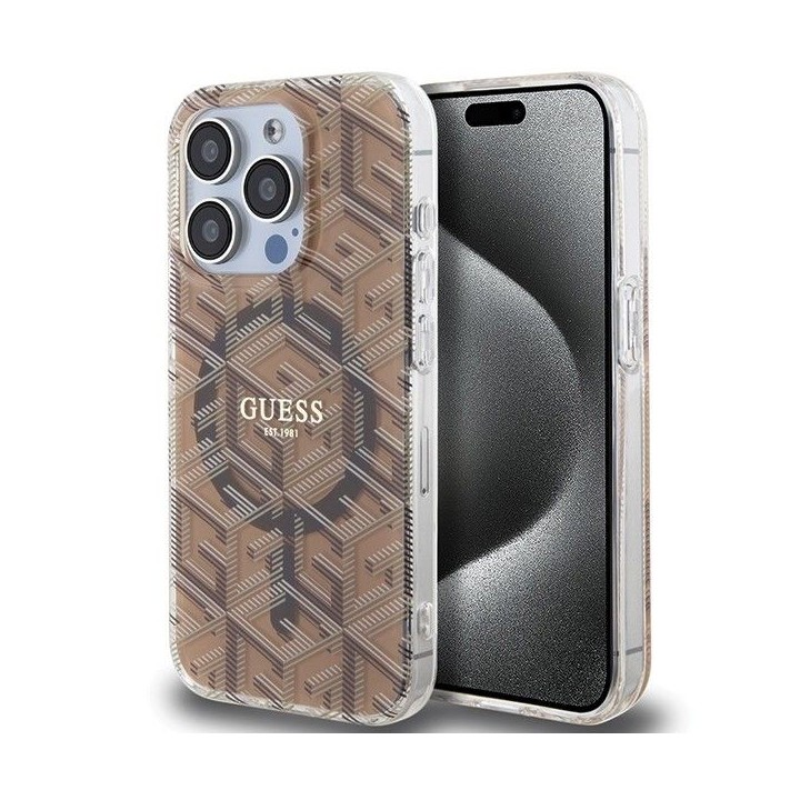 GUESS case for IPHONE 15 Pro compatible with MagSafe GUHMP15LHGCUSTGW (IML GCUBE) brown
