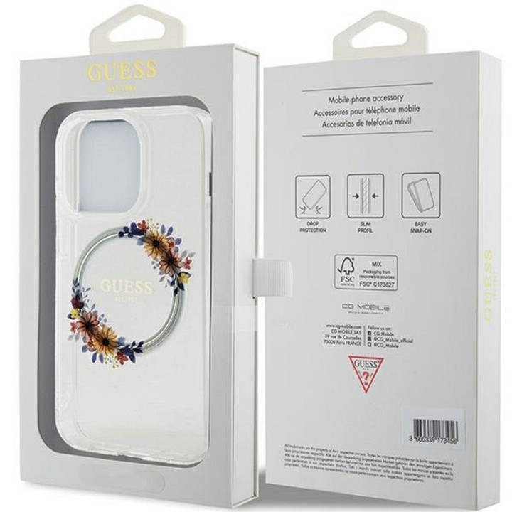 GUESS чехол для IPHONE 15 Pro совместимый с Magsafe GUHMP15LHFWFCT (Flowers Wreath) прозрачный