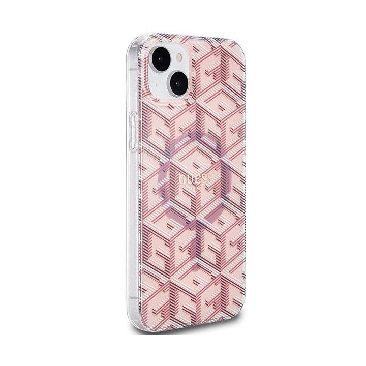 GUESS case for IPHONE 15 compatible with Magsafe GUHMP15SHGCUSTGP (IML GCUBE) pink