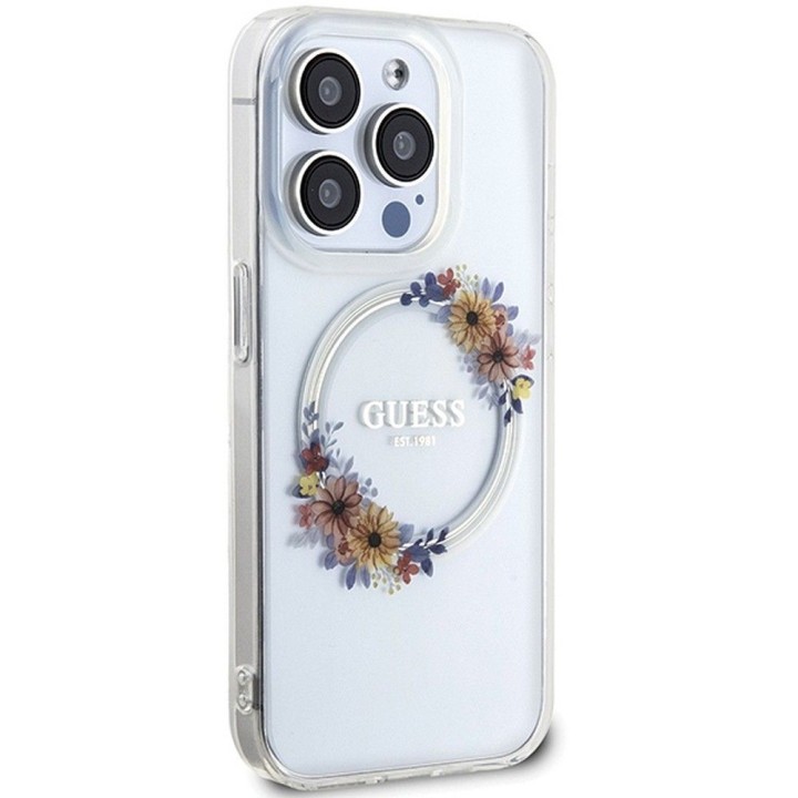 GUESS case for IPHONE 15 Pro compatible with Magsafe GUHMP15LHFWFCT (Flowers Wreath) transparent