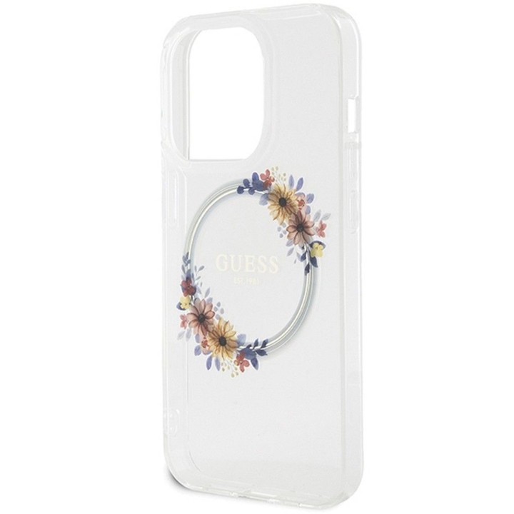 GUESS case for IPHONE 15 Pro compatible with Magsafe GUHMP15LHFWFCT (Flowers Wreath) transparent
