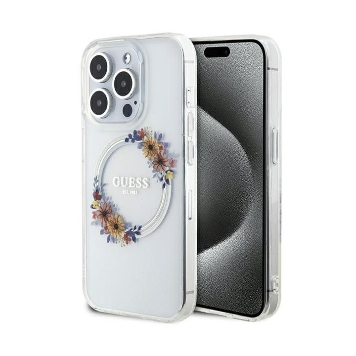 GUESS case for IPHONE 15 Pro Max compatible with MagSafe GUHMP15XHFWFCT (Flowers Wreath) transparent