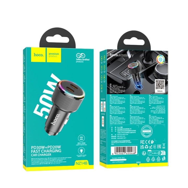 Car charger Hoco 2 x USB C QC PD 50W NZ14B black