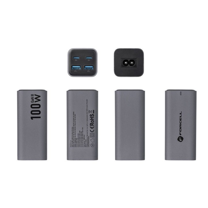 Настільний зарядний пристрій Forcell F-Energy GaN III 2 x USB C + 2 x USB A QC4.0 PD 5A 100W VT-49 сірий