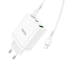 Мережевий зарядний пристрій для телефону Hoco 2 x USB C + USB A QC3.0 PD 3A 35W + кабель USB-C – Lightning N33 білий