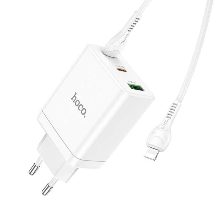 Wall charger for phone Hoco 2 x USB C + USB A QC3.0 PD 3A 35W + cable USB C to Lightning N33 white