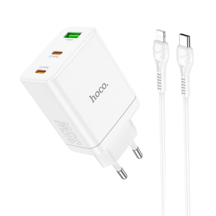 Wall charger for phone Hoco 2 x USB C + USB A QC3.0 PD 3A 35W + USB-C to Lightning cable N33 white