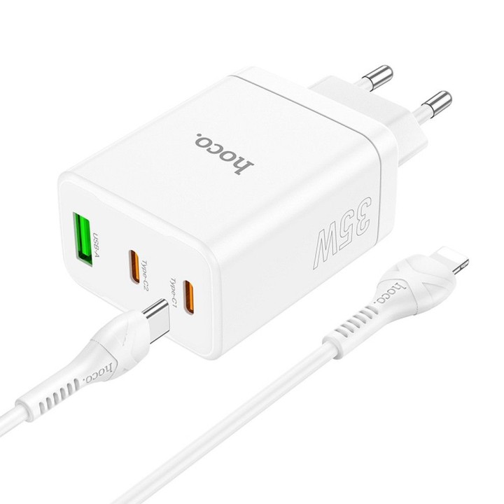 Ładowarka sieciowa do telefonu Hoco 2 x USB C + USB A QC3.0 PD 3A 35W + kabel USB C do Lightning N33 biała