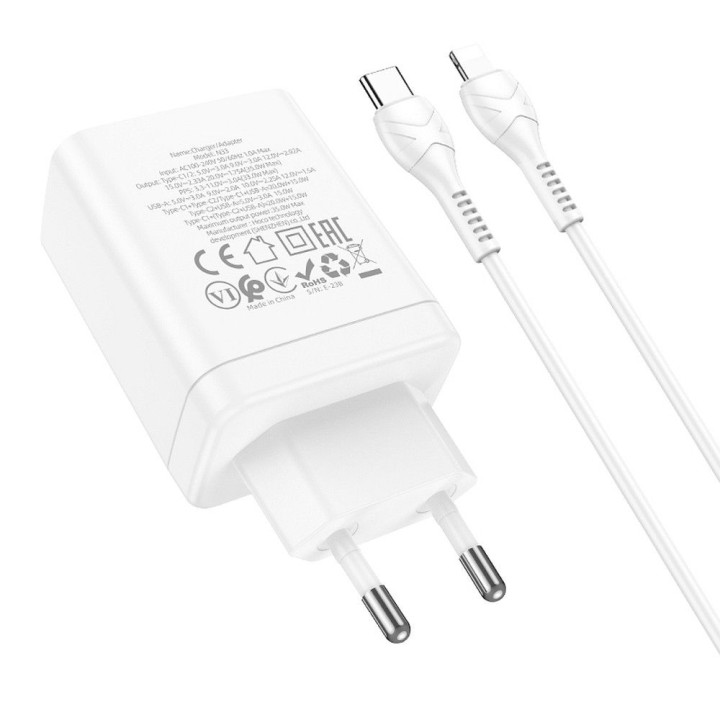 Ładowarka sieciowa do telefonu Hoco 2 x USB C + USB A QC3.0 PD 3A 35W + kabel USB C do Lightning N33 biała