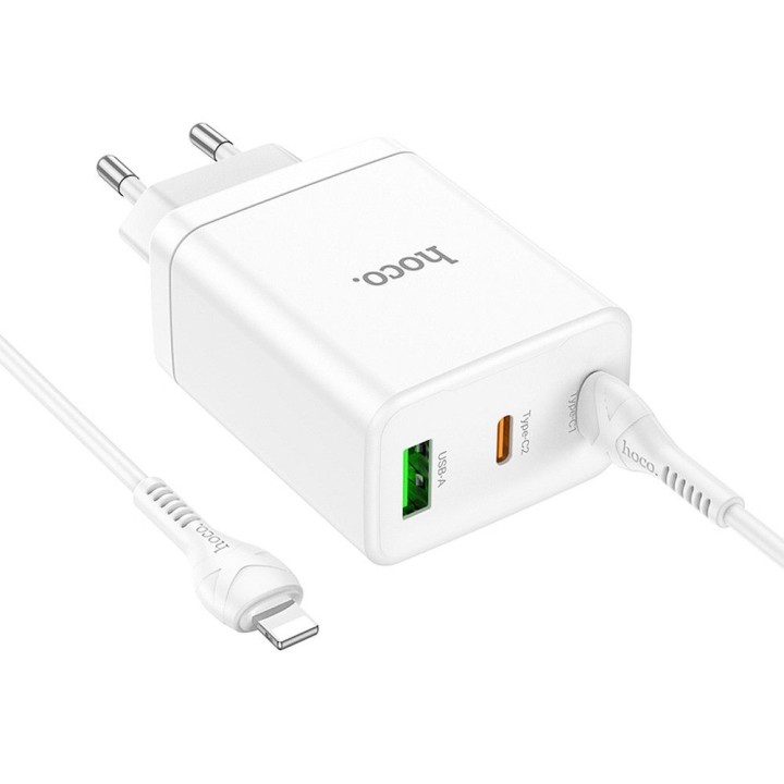Сетевое зарядное устройство для телефона Hoco 2 x USB C + USB A QC3.0 PD 3A 35W + кабель USB C — Lightning N33 белое