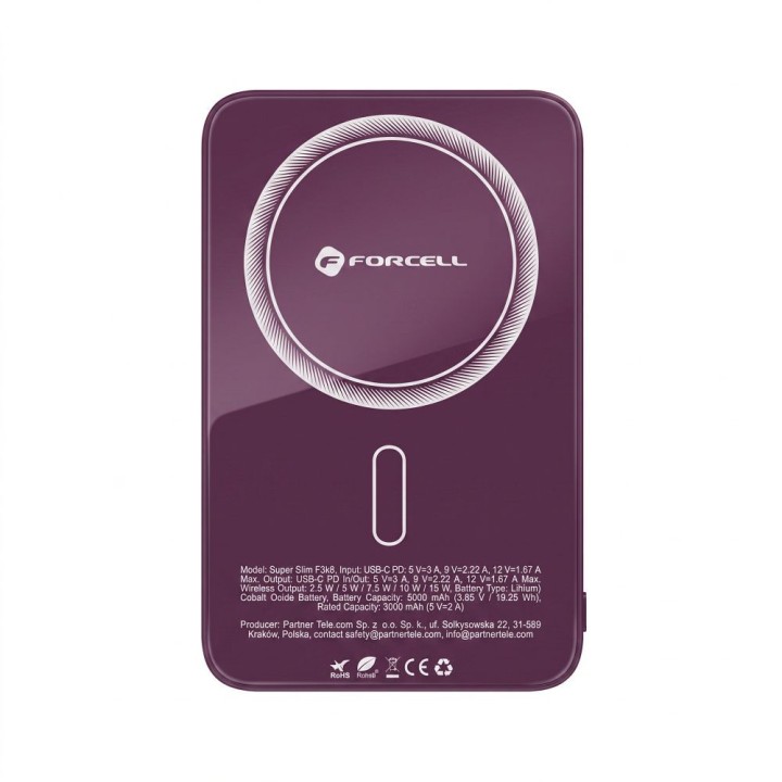 Powerbank zgodny z MagSafe Forcell F-Energy SuperSlim F5K8 QC4.0 PD3.0 15W 5000 mAh burgundowy 0INT