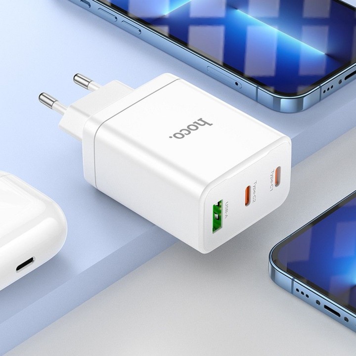 Wall charger for phone Hoco 2 x USB C + USB A QC3.0 PD 3A 35W + cable USB C to Lightning N33 white