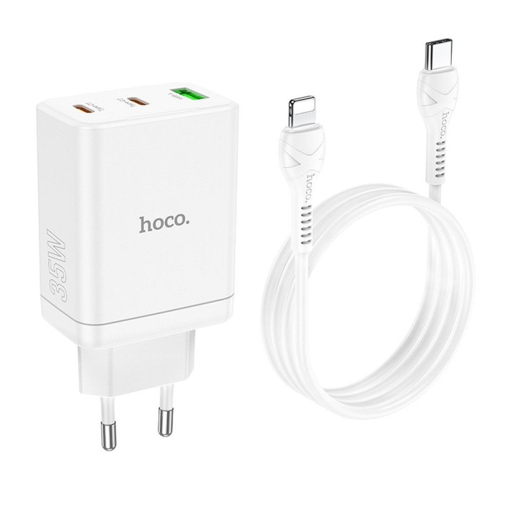 Ładowarka sieciowa do telefonu Hoco 2 x USB C + USB A QC3.0 PD 3A 35W + kabel USB C do Lightning N33 biała