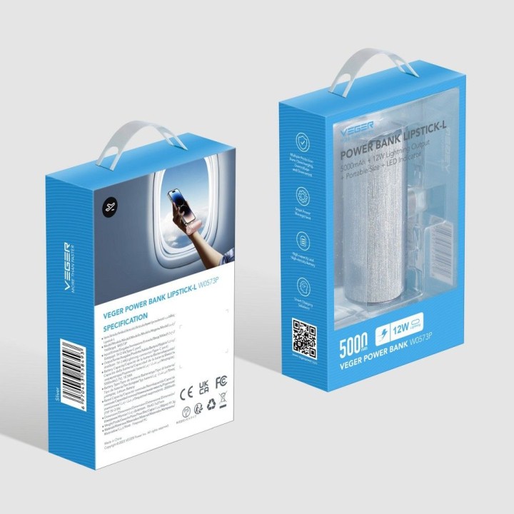 Powerbank Veger PlugOn (W0573) PD QC3.0 2,4A 12W 5000 mAh z wbudowanym złączem USB C srebrny