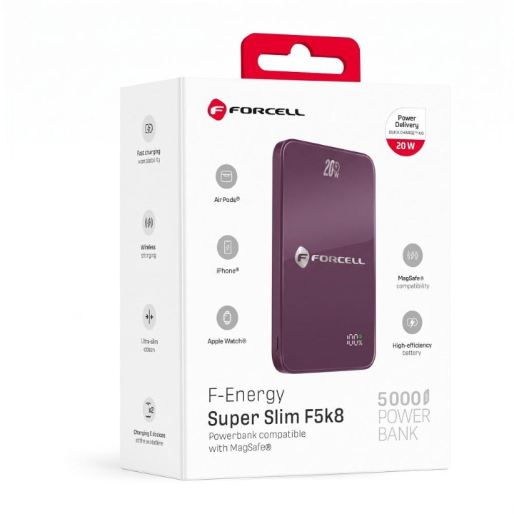 Повербанк совместимый с MagSafe Forcell F-Energy SuperSlim F5K8 QC4.0 PD3.0 15W 5000 mAh бордовый 0INT