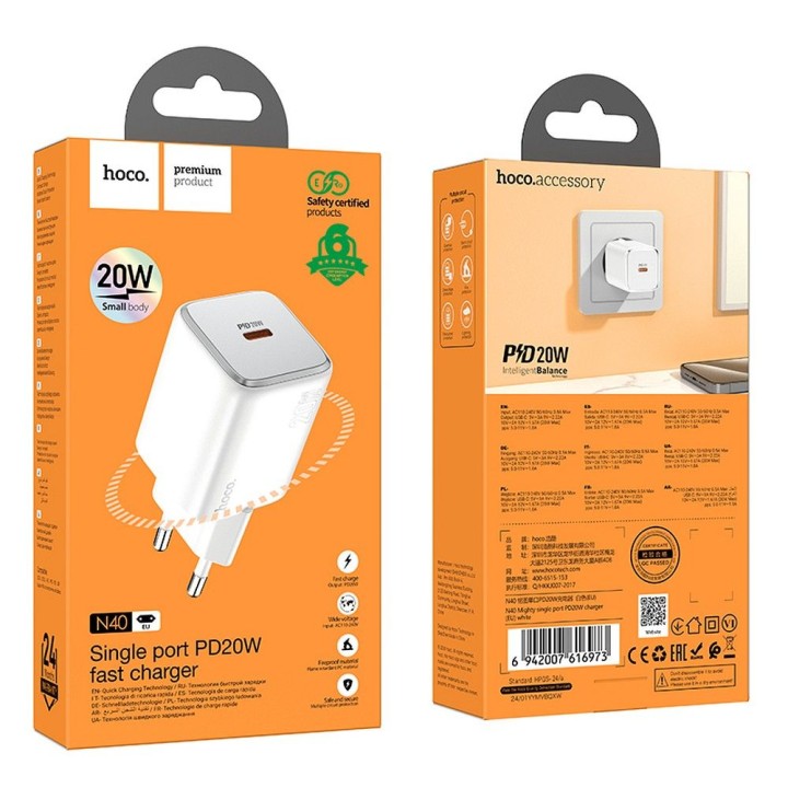 Wall charger for phone Hoco USB C QC PD 20W N40 white