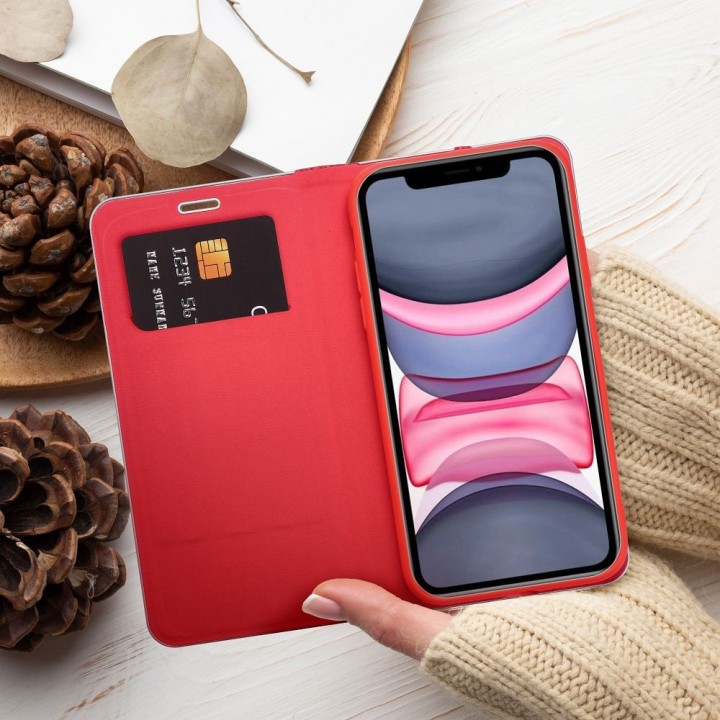 Чехол с клапаном для iPhone 11 Luna Book Carbon красный