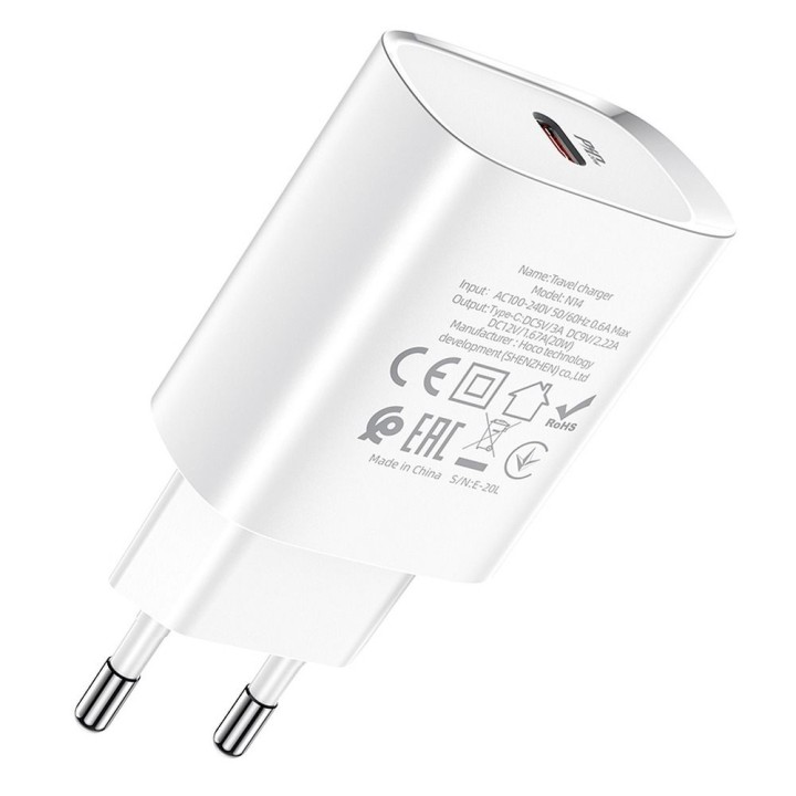 Wall charger for phone Hoco USB C PD 20W N14 white