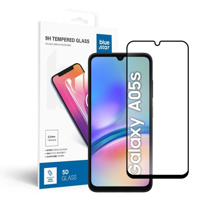 Tempered glass 5D for Samsung A05s (full glue / case friendly) Blue Star black
