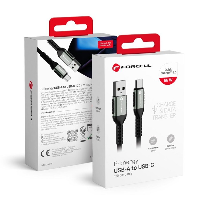 Кабель USB A — USB C Forcell F-Energy QC4.0 3A 66W Cafule 1,2 m C256 черный