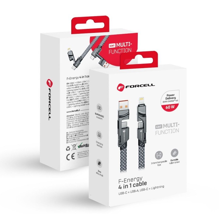Cable 4-in-1 USB C / USB A to USB C / Lightning Forcell F-Energy QC PD 3A 60W 1 m C241 chrome