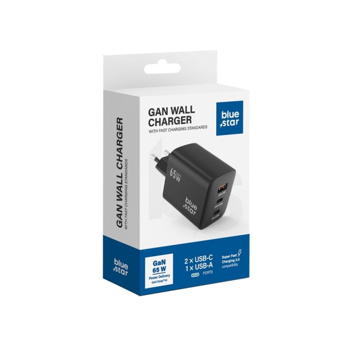 Мережевий зарядний пристрій для телефону Blue Star GaN 2 x USB C + USB A QC4.0 PD 4A 65W VT-43 чорний