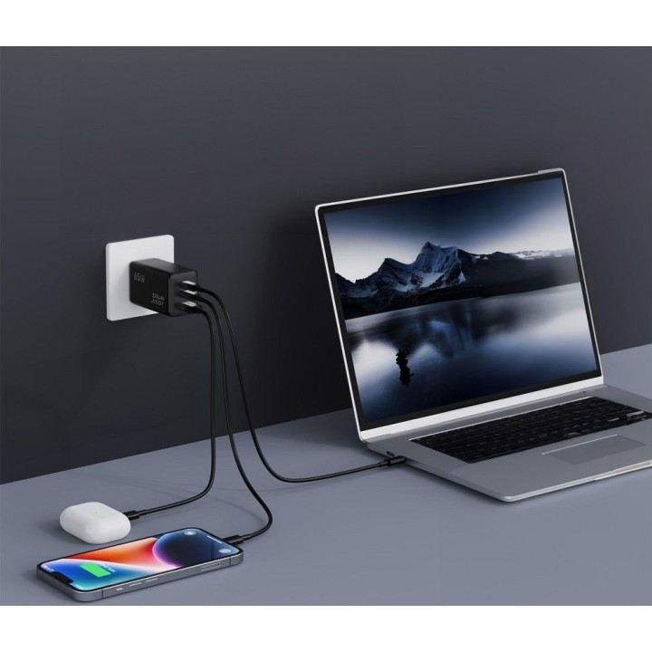 Мережевий зарядний пристрій для телефону Blue Star GaN 2 x USB C + USB A QC4.0 PD 4A 65W VT-43 чорний