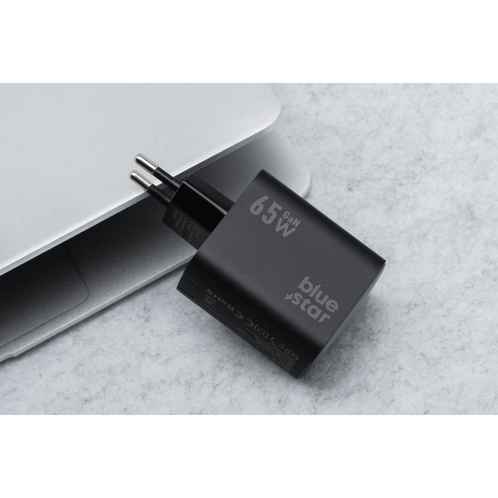 Wall charger for phone Blue Star GaN 2 x USB C + USB A QC4.0 PD 4A 65W VT-43 black