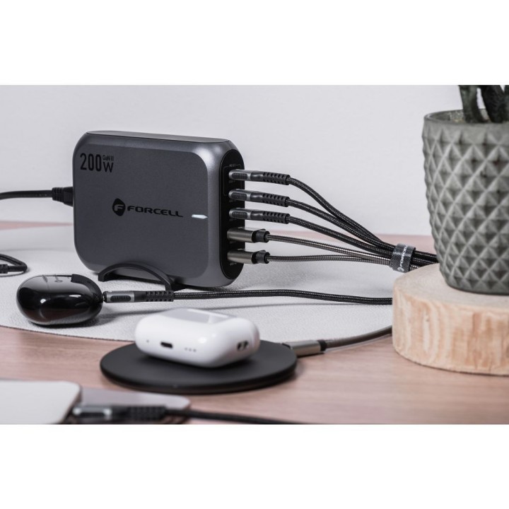 Desktop charger Forcell F-Energy GaN III 3 x USB C + 2 x USB A QC4.0 PD 5A 200W VT-51 grey