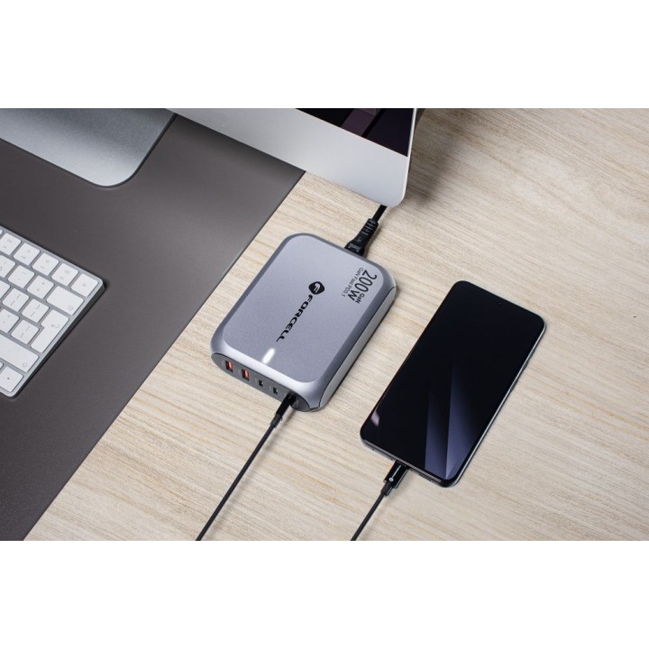 Desktop charger Forcell F-Energy GaN III 3 x USB C + 2 x USB A QC4.0 PD 5A 200W VT-51 grey